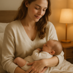 "Jovem mãe sentada em uma cama macia e clara, envolta por uma luz suave e quente. Ela segura com delicadeza seu bebê nos braços, olhando para ele com ternura e serenidade. O ambiente transmite aconchego, conexão emocional e tranquilidade, com tons naturais e acolhedores ao fundo."