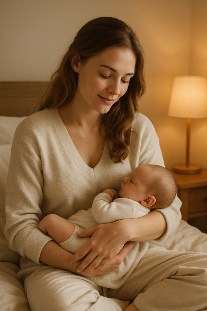 "Jovem mãe sentada em uma cama macia e clara, envolta por uma luz suave e quente. Ela segura com delicadeza seu bebê nos braços, olhando para ele com ternura e serenidade. O ambiente transmite aconchego, conexão emocional e tranquilidade, com tons naturais e acolhedores ao fundo."