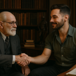 Sigmund Freud cumprimentando um homem gay em seu consultório, cena simbólica de acolhimento e respeito à diversidade