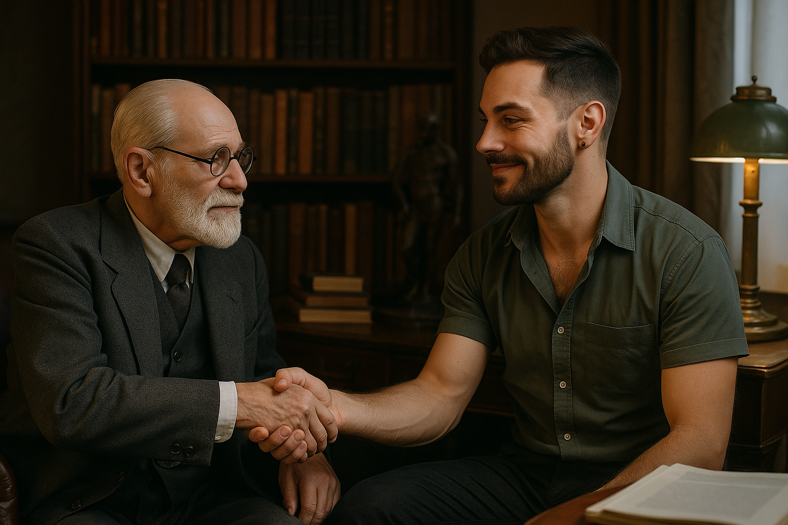 Sigmund Freud cumprimentando um homem gay em seu consultório, cena simbólica de acolhimento e respeito à diversidade