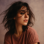 Mulher de cabelos escuros e bagunçados, com expressão introspectiva, representando a estética Messy Girl.