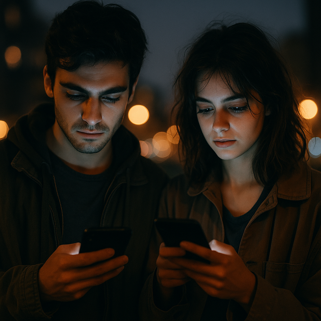 Casal jovem olhando para o celular com a luz da tela iluminando seus rostos, representando os desafios dos relacionamentos na era digital.