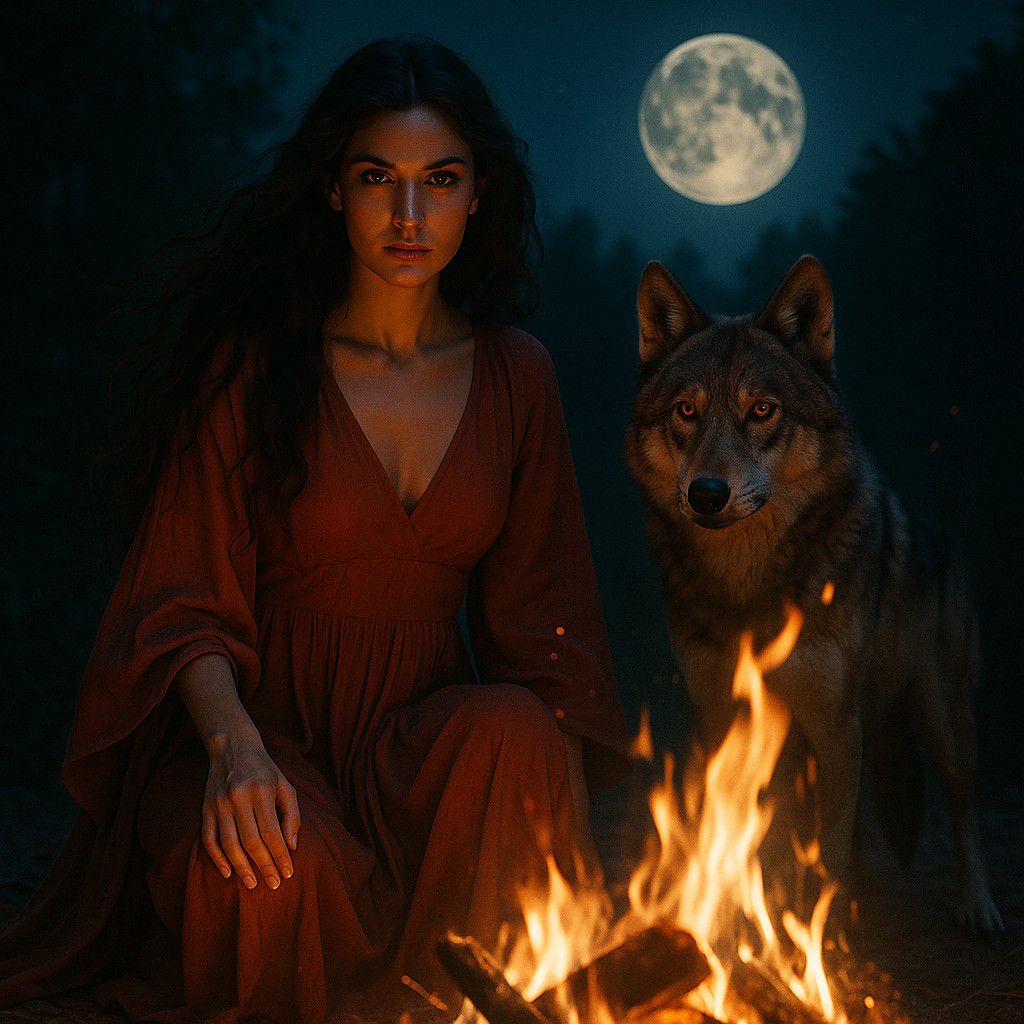 Mulher meditando sob a lua cheia ao lado de um lobo e uma fogueira, simbolizando o despertar feminino, força interior e conexão com a Deusa para o amor livre.
