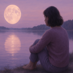 Mulher sentada à beira de um lago olhando a lua cheia refletida na água, representando introspecção e autocuidado.