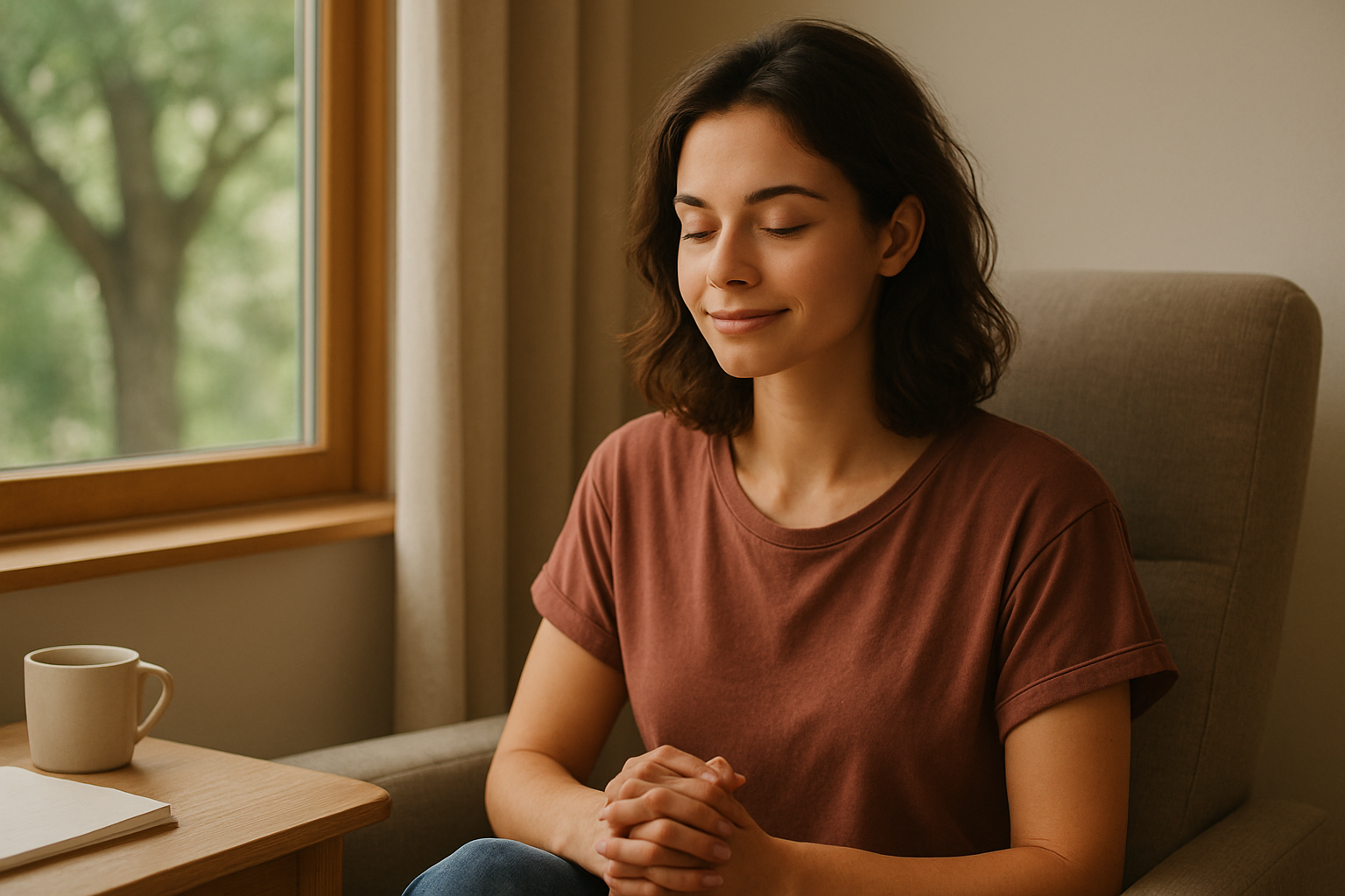 Mulher jovem com expressão serena, sentada em poltrona com luz natural, ao lado de uma janela com árvore, simbolizando autocuidado e paz interior.