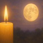 Vela amarela acesa iluminando a noite com lua ao fundo, representando prevenção ao suicídio e esperança.