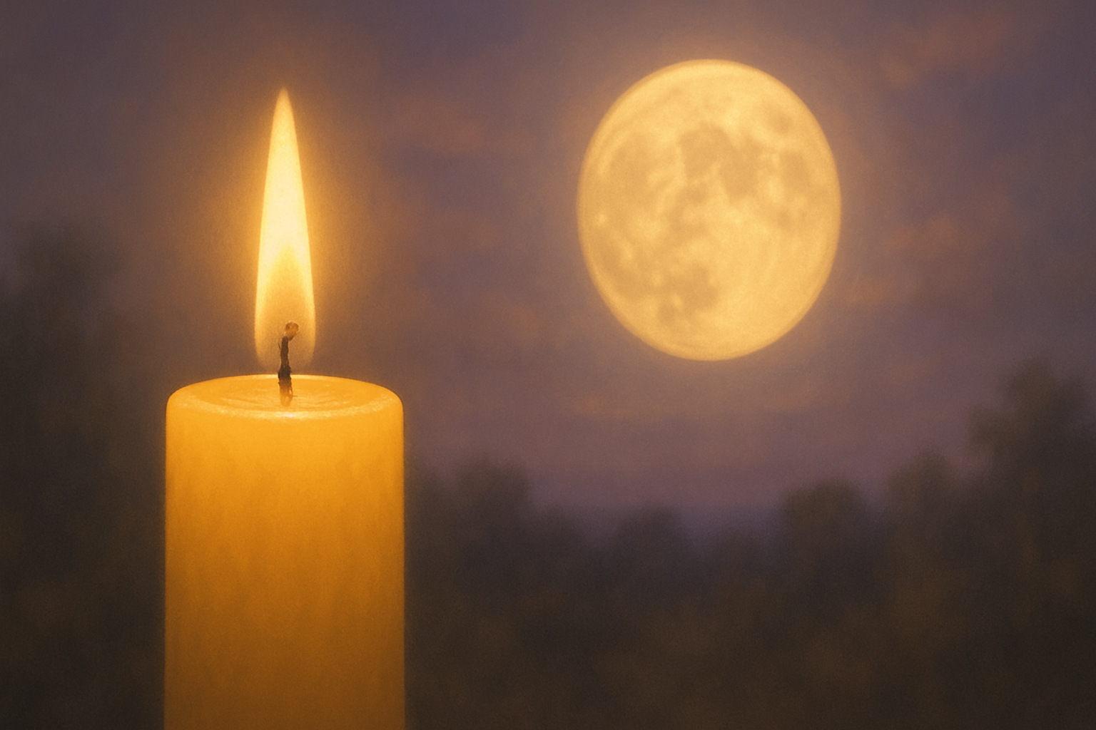 Vela amarela acesa iluminando a noite com lua ao fundo, representando prevenção ao suicídio e esperança.